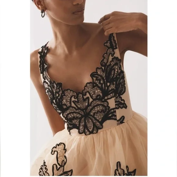 Maeve Nude Tulle Mini Dress with Black Floral Appliqué - Picture 2 of 10